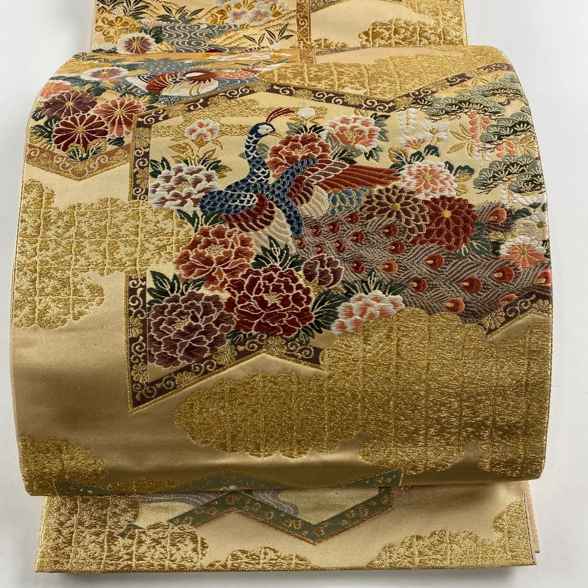 FF-184 夏帯 袋帯 暈し 金糸 金通し 六通 美品 高級 希少 正絹✿正倉院柄花文金糸六通柄袋帯