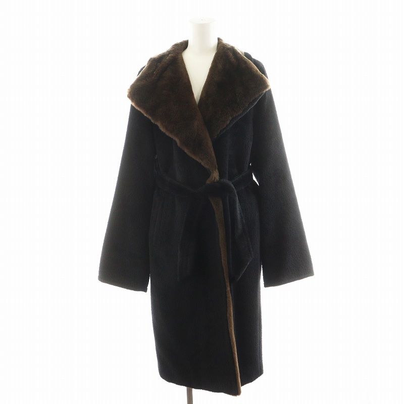 マックスマーラ MAX MARA コート ロング丈 リボン付き アルパカ フォックスファー アウター 42 黒 ブラック 茶 ブラウン |AN31