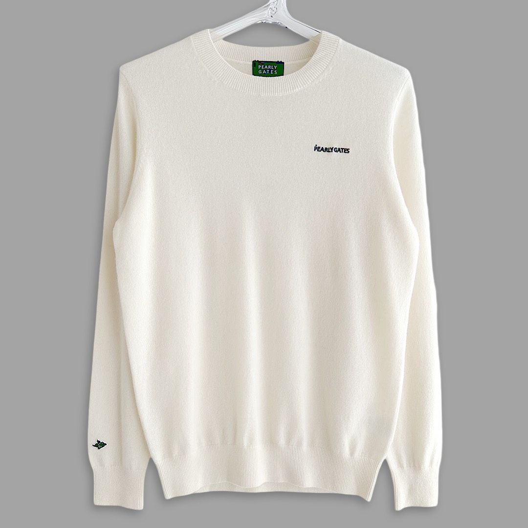 PEARLY GATES パーリーゲイツ 定価33 000円 カシミヤ100％ ESSENTIAL SERIES カシミヤ メンズ クルーネックセーター ニット オフホワイト ゴルフウェア トップス シンプル 保温