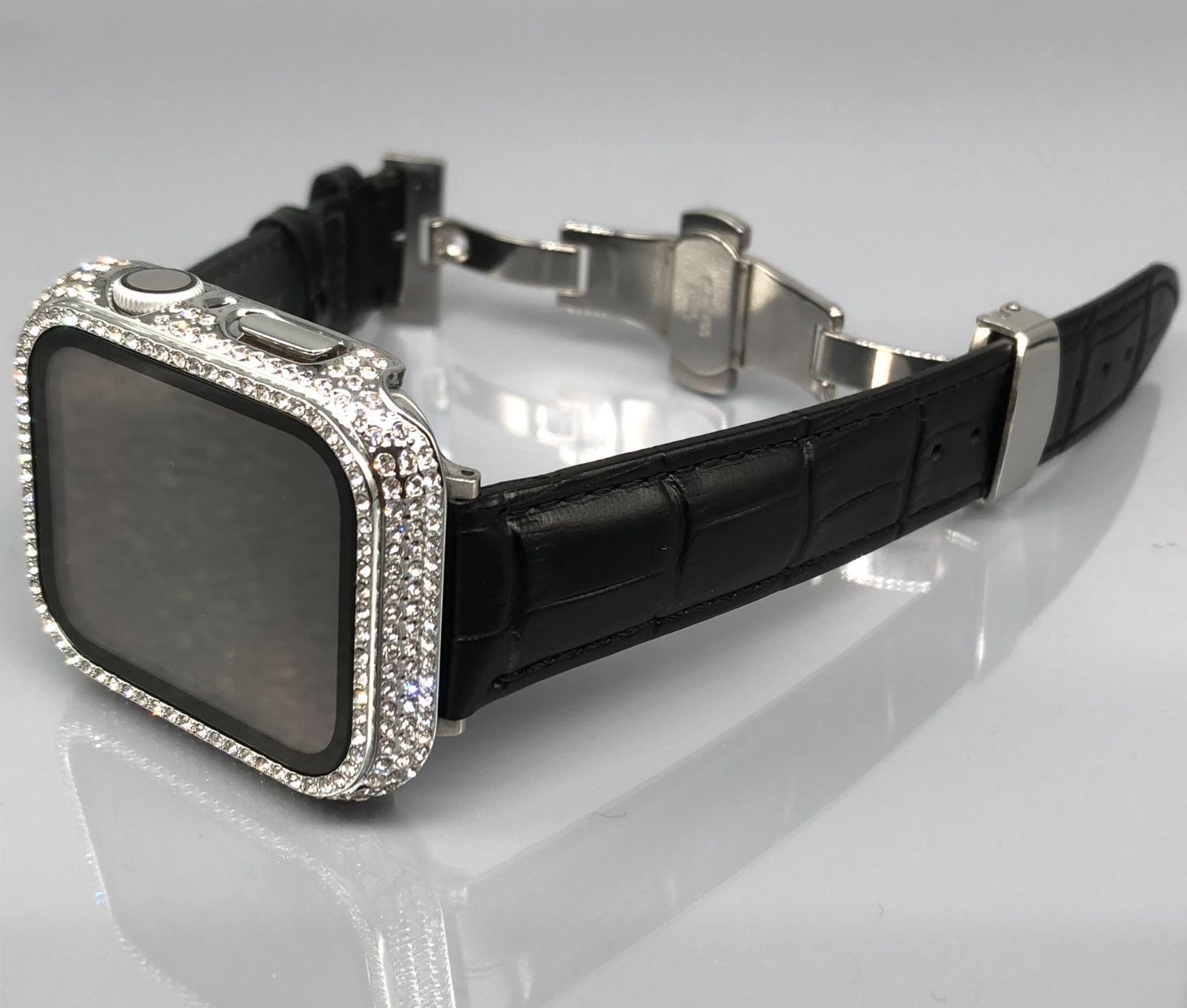 GimelZayinセット Pc ブラック シルバー アップルウォッチバンド 高級レザー 本革ベルト Apple Watch クロコダイル キラキラ  カバー ケース se メンズ レディース 40mm 41mm 44mm 45mm