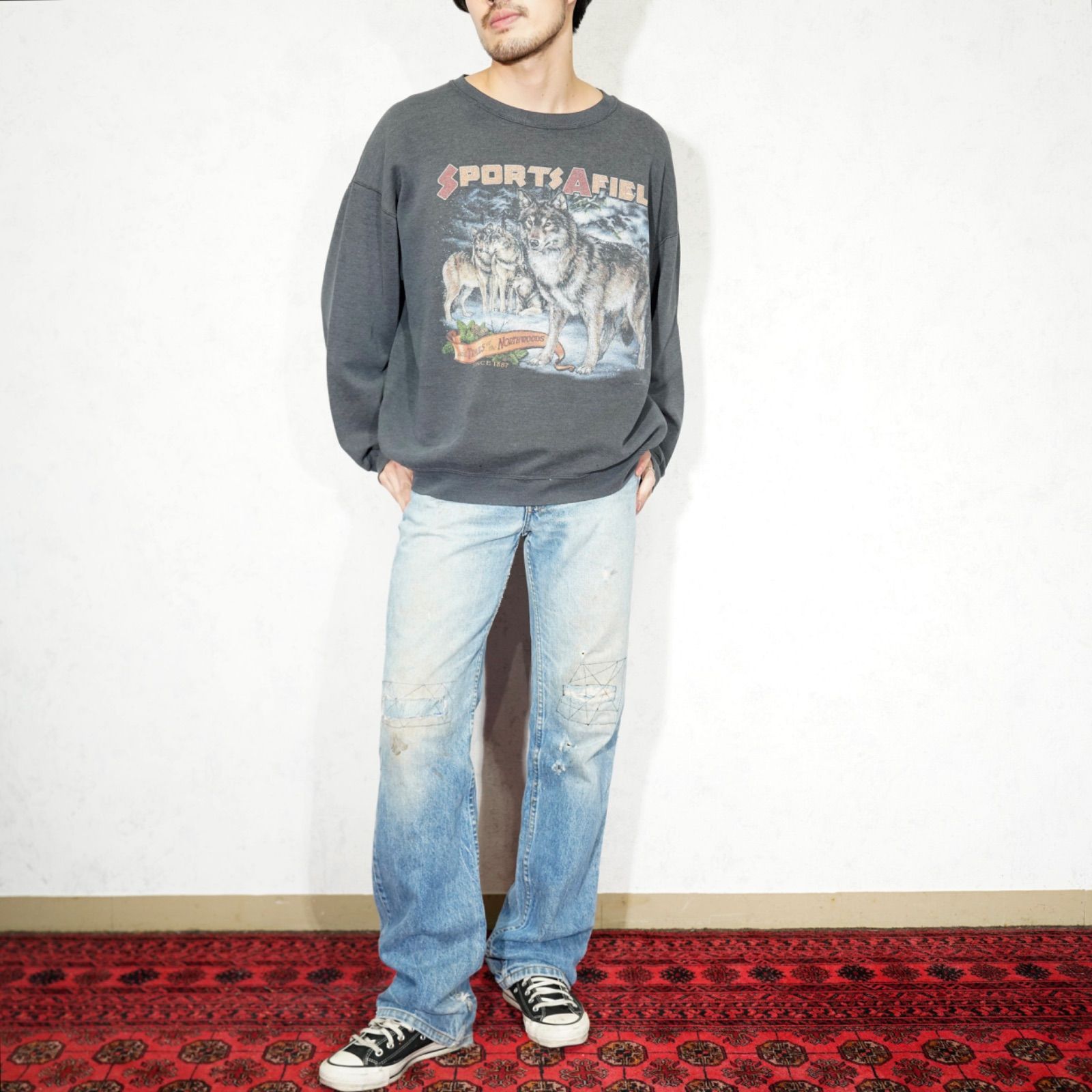 90's USA VINTAGE DELTA WOLF PRINT DESIGN SWEAT SHIET/90年代
