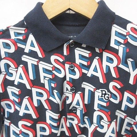 パーリーゲイツ PEARLY GATES ポロシャツ ゴルフ 半袖 シャツカラー ロゴ ワッペン 総柄 紺 白 ネイビー ホワイト 4