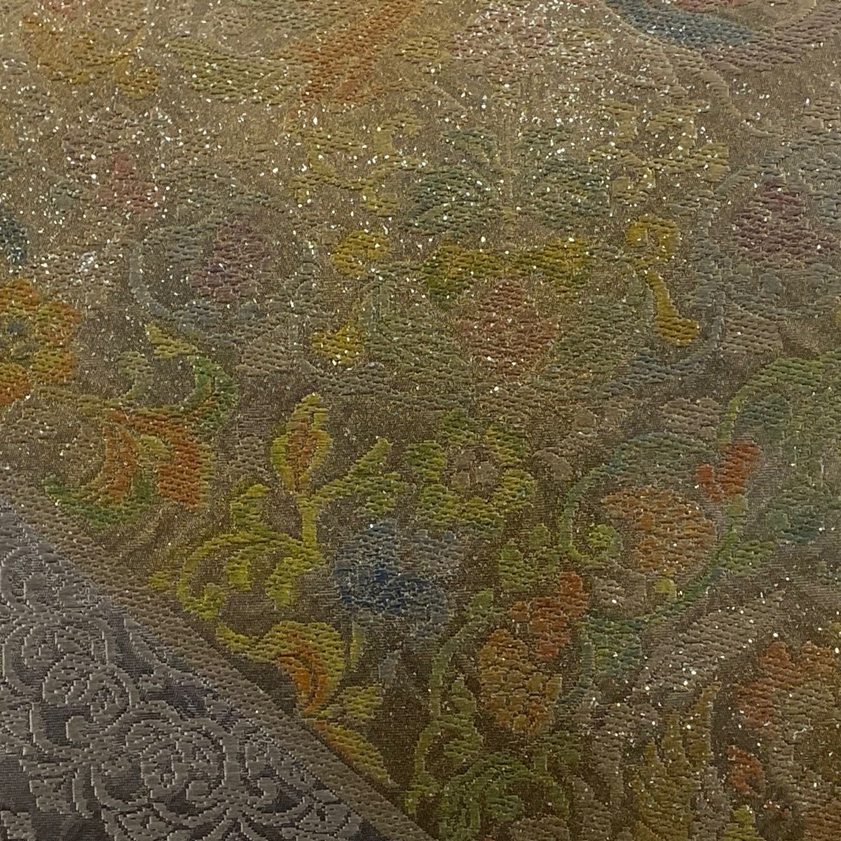 袋帯 秀品 金彩月光錦 花唐草 鳳凰 箔 金彩 灰紫 お太鼓柄 正絹