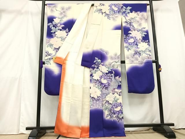 豪華 振袖 孔雀に美しい花模様 裄69.5 着物 正絹 袷 広衿 RK-3943 平和屋着物□豪華振袖 刺繍 孔雀枝花文 暈し染め 銀糸 正絹 逸品