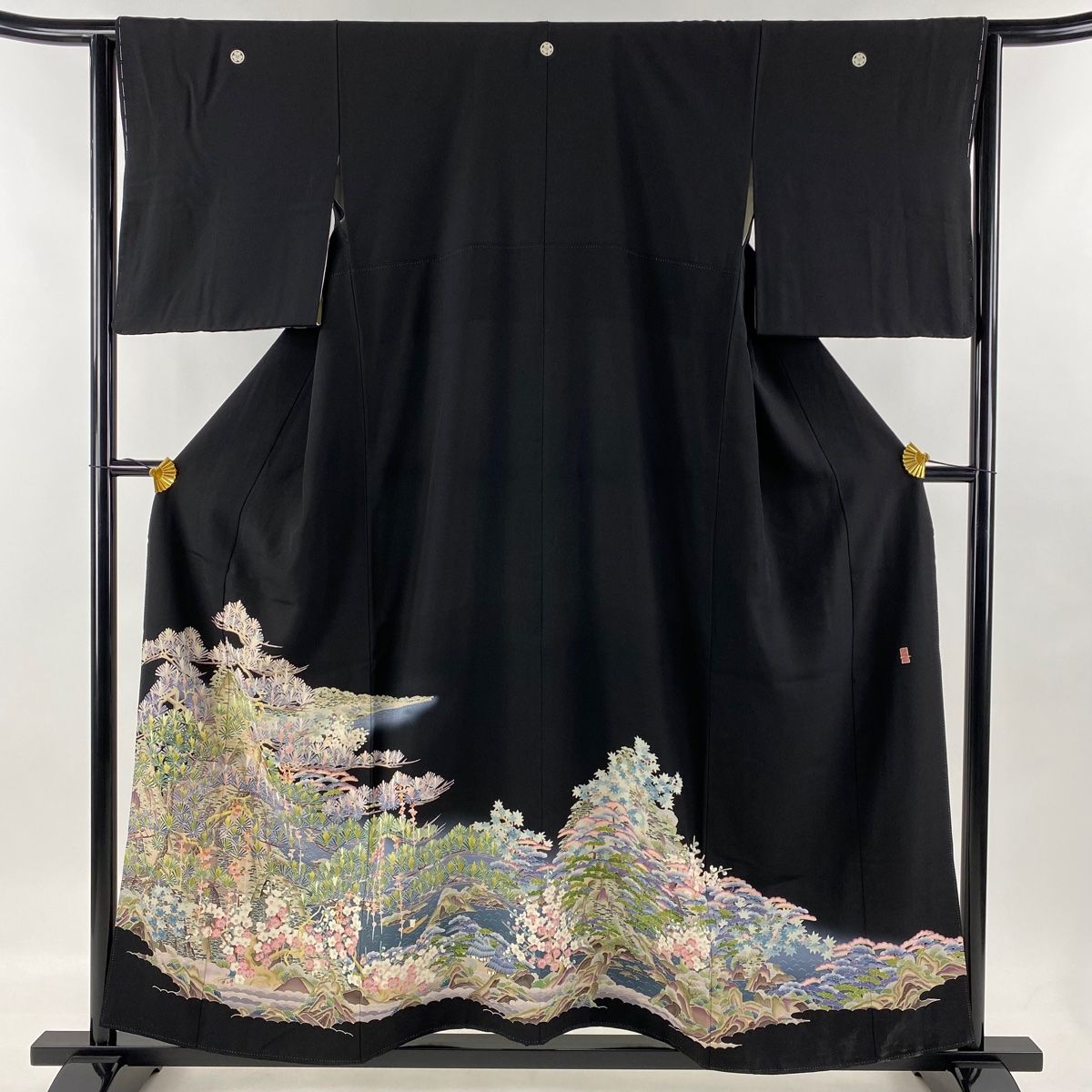 黒留袖 身丈156cm 裄丈63.5cm S 袷 東藤岳 加賀 落款 松梅 風景 黒 正絹 名品