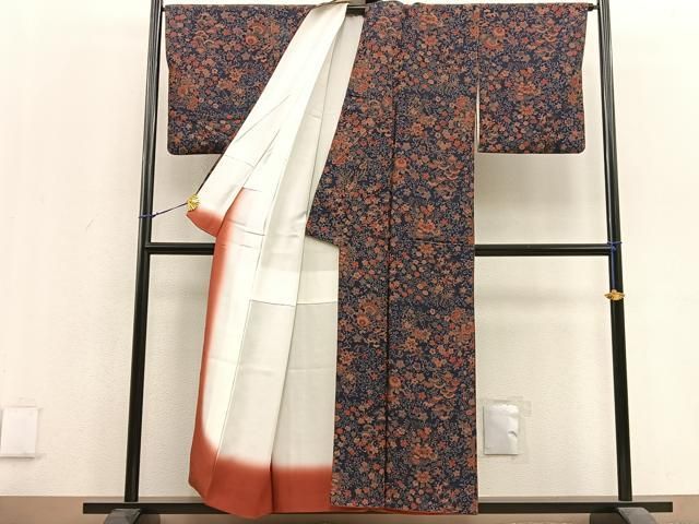 平和屋着物▽上質な小紋 単衣 型染め 更紗花文 正絹 逸品