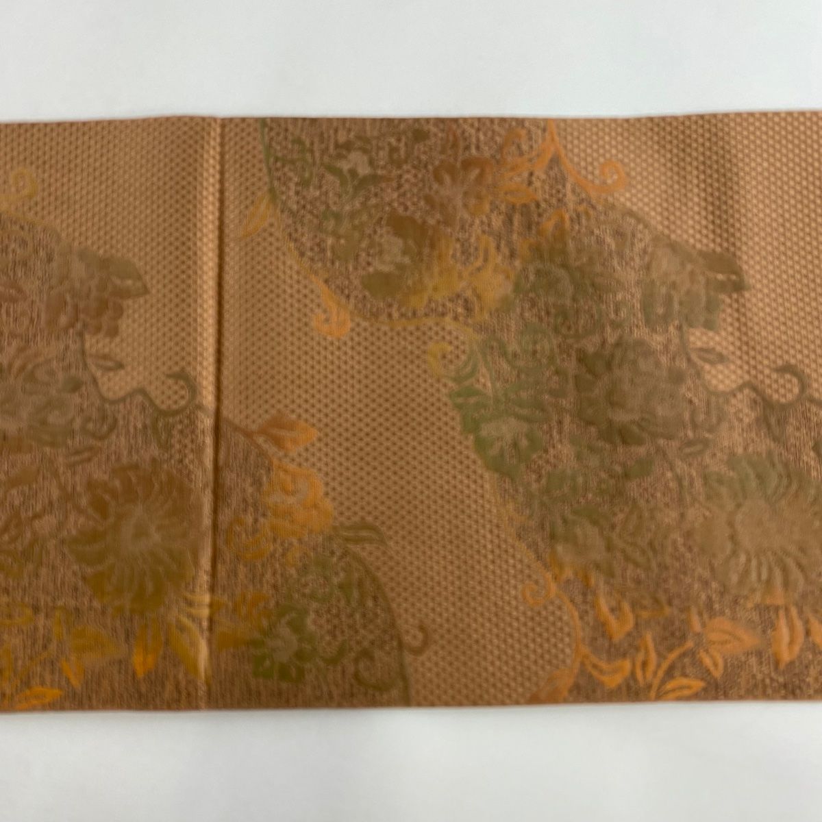 美品】 名古屋帯 優品 八寸名古屋帯 トンネル仕立て 花唐草 茶色 正絹