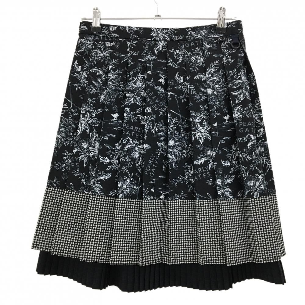 パーリーゲイツ プリーツスカート 黒×白 花柄 格子織生地 ひざ丈 レディース 1 M ゴルフウェア PEARLY GATES