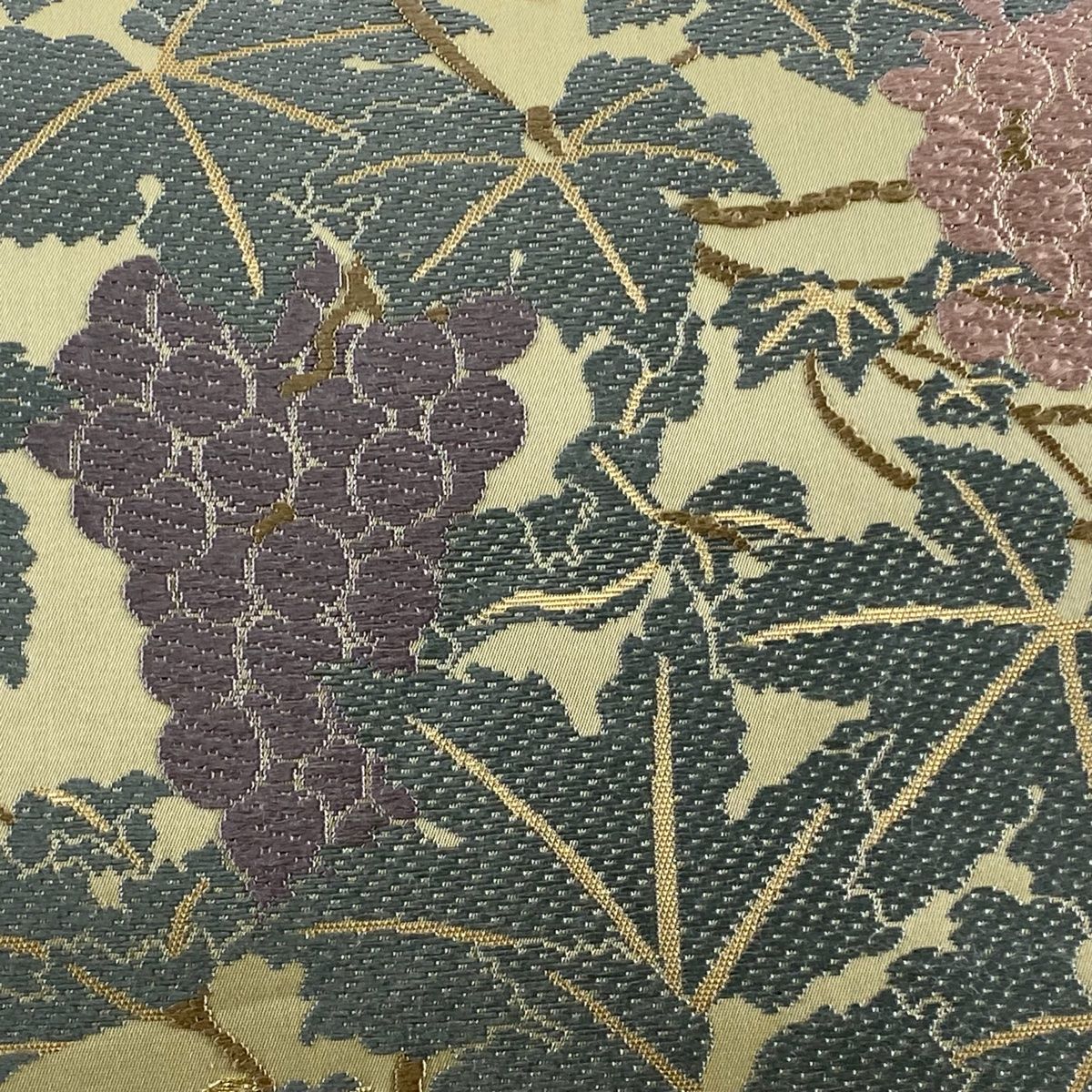 袋帯 美品 逸品 山口美術織物 落款 葡萄文 唐織 箔 青灰色 六通 袋帯 美品 逸品 山口美術織物 落款 葡萄文 唐織 箔 青灰色 六通