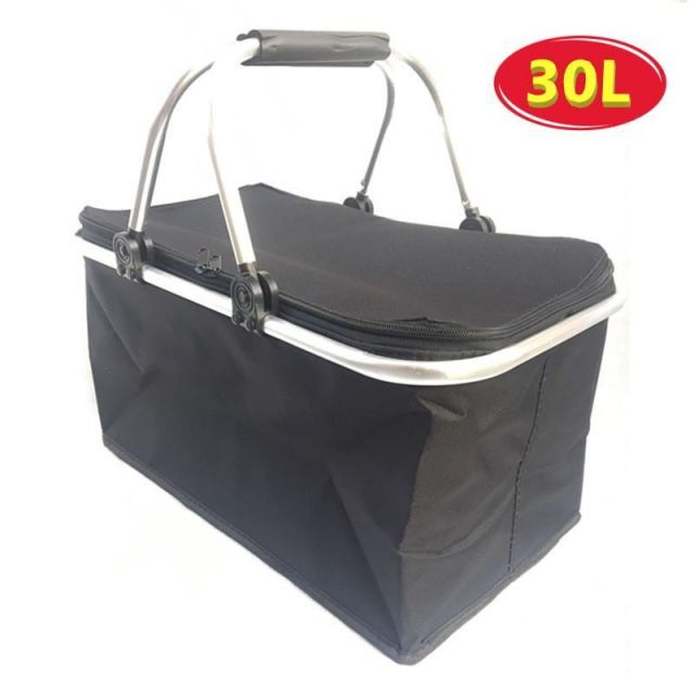 保冷・保温 機能付き 30L 折りたたみ式 エコバッグ【ブラック】大容量 バスケット 買い物かご 断熱バッグ屋外 ピクニック