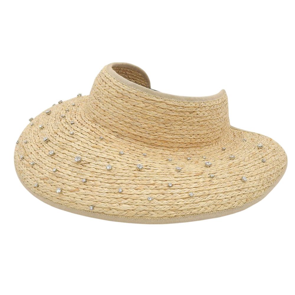 超 ミュウミュウ MIUMIU 2021年 ストロー ラフィア編 ヴィスコース コットン ビジュー サンバイザー 麦藁帽子 S レディース 定価62700円