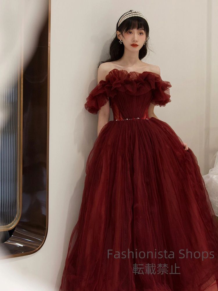 ドレス ロングドレス 演奏会 Aラインドレス 発表会 オフショルダー ワンショルダー 赤いイブニングドレス 二次会 成人式 卒業 A11 hgcp81