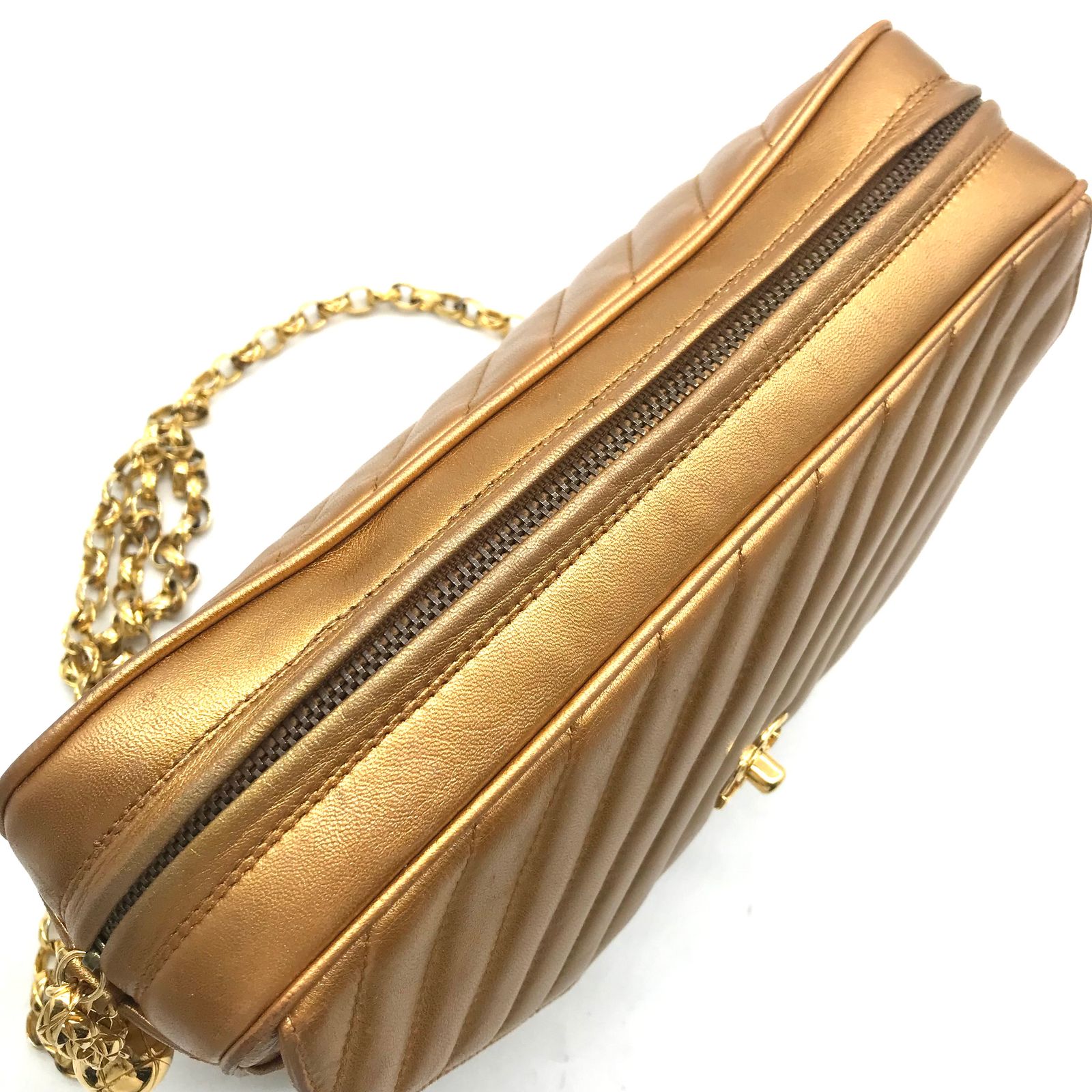 良品 CHANEL シャネル ココマーク バイアス ステッチ ラムスキン ターンロック チェーン ショルダー バッグ ブロンズ ga612 CHANEL シャネル ココマーク バイアス ステッチ ラムスキン ターン