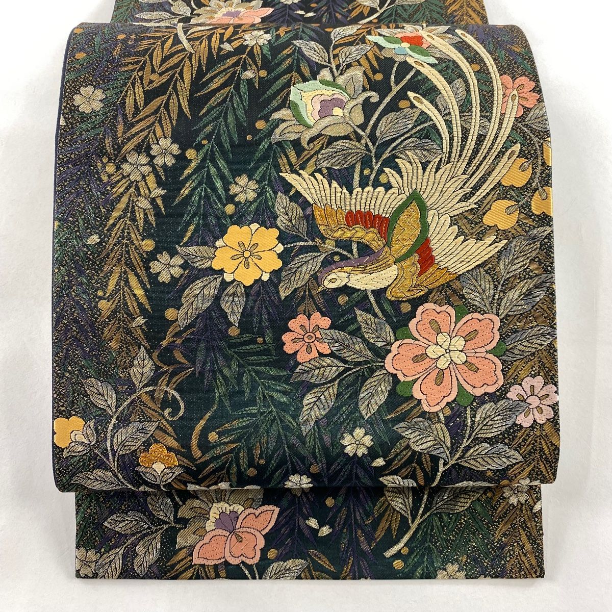 袋帯 秀品 枝垂柳鳳凰文 金銀糸 箔 濃紺 六通 正絹