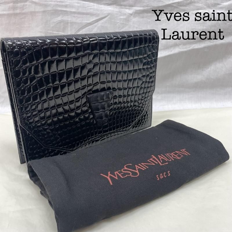 Yves Saint Laurent イヴサンローラン クラッチバッグ パーティバッグ エナメル ブラック クロコ型押し フォーマル セカンドバッグ