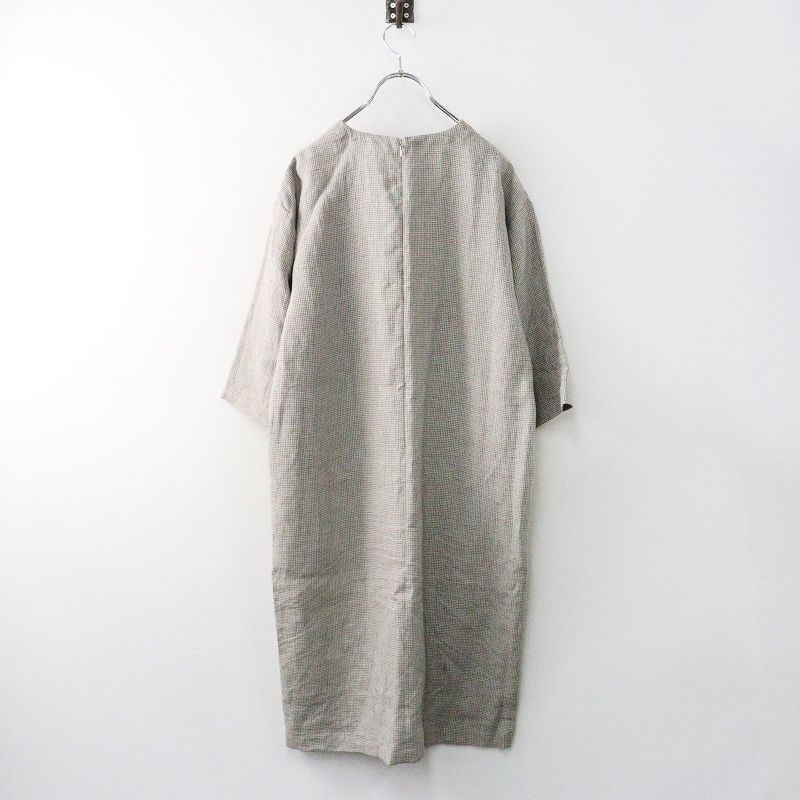 麻の格子 ワンピース 7分袖 ベージュ系┃リネンチュニック ドレス チェック柄