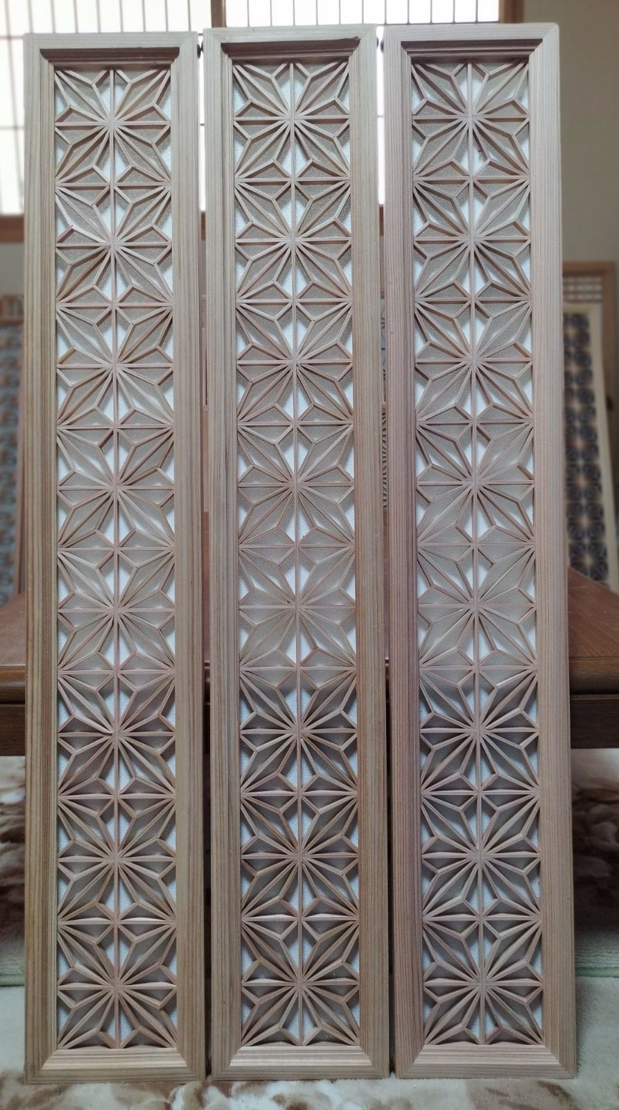 ドアの窓枠組子材料米ヒノキ13 飾り組子 麻の葉組子アクリル板入り3枚 ...