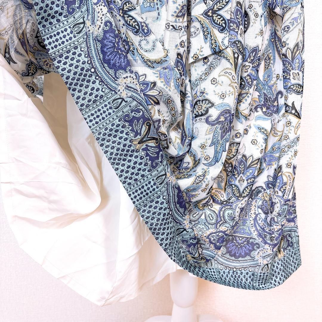 美品】レリアン 半袖ブラウスワンピース ウエスト紐 13+ 花柄 白×水色