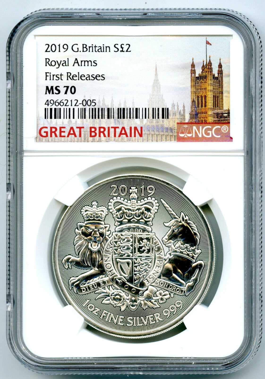 2019 2PD GREAT BRITAIN 1OZ SILVER NGC MS70 ROYAL ARMS FIRST RELEASES RARE POP21