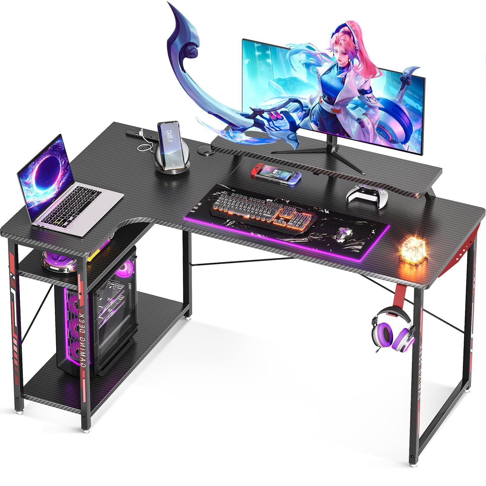 【新着商品】ラック付き コーナーデスク 机 デスク 収納 pcデスク オフィスデスク コンセント付き l字デスク 組立簡単 幅130 左棚 パソコンデスク ゲーミングデスク Black ODK