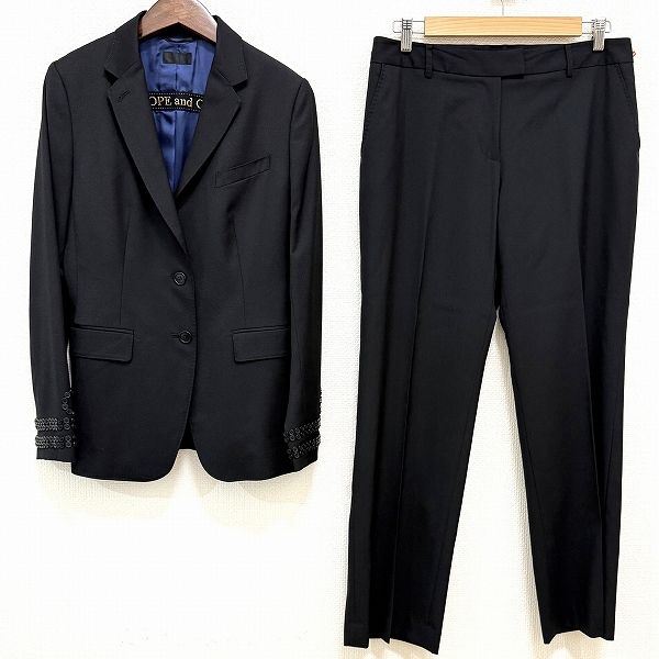 anc ポールスミス PaulSmith BLACK パンツスーツ 42 黒 青 セットアップ ステッチ ボタン 大きいサイズ レディース 969882