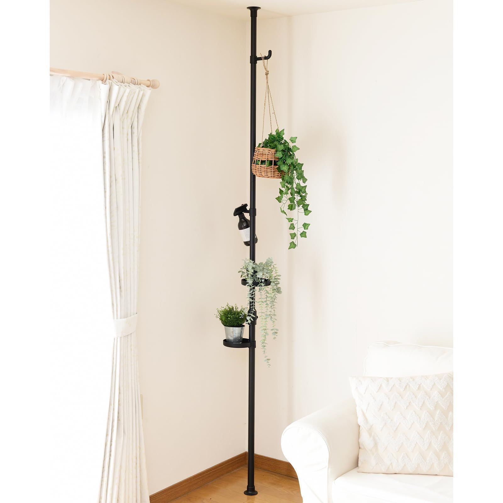 ポールハンガー 突っ張り プランタースタンド 山善 幅30 奥行30 高さ190 260 cm フラワースタンド 室内 トレー フック 付き 組立品 マットブラック WJE 11 RM MBK