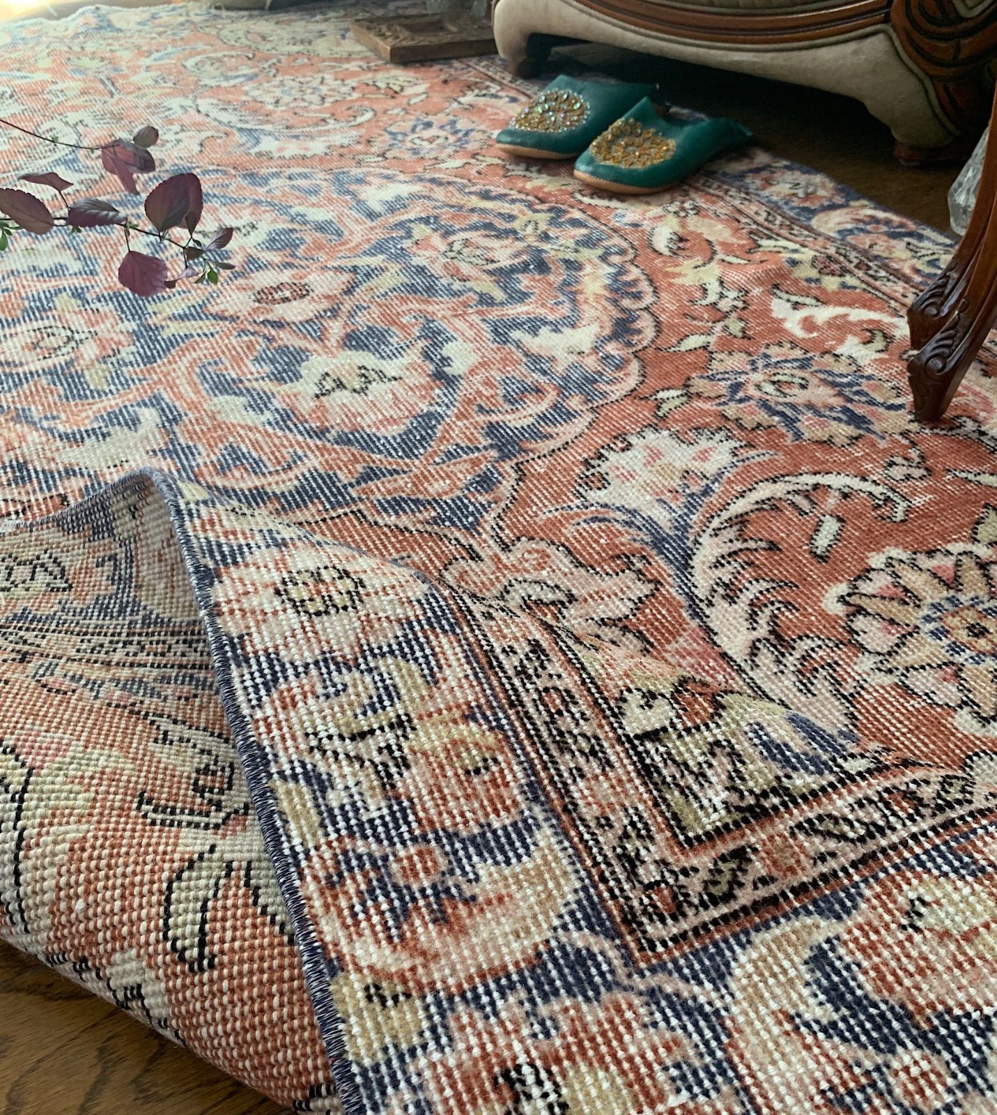ペールオレンジ　大判222×121 シャビー　メダリオン　トルコヴィンテージラグ ペールオレンジ 222×121 シャビー メダリオン トルコ