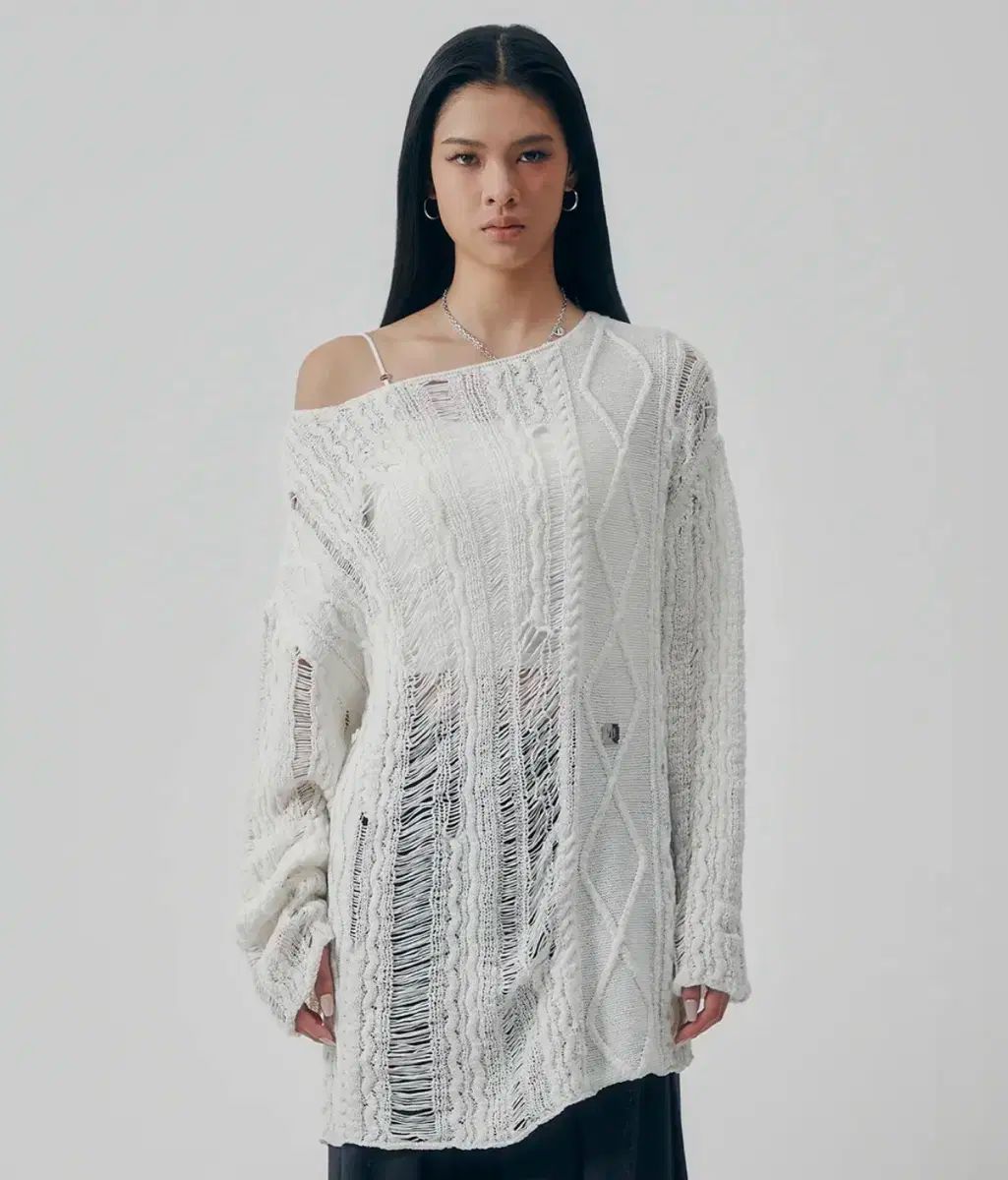 TREEMINGBIRD Mix Damage Twist Knit White