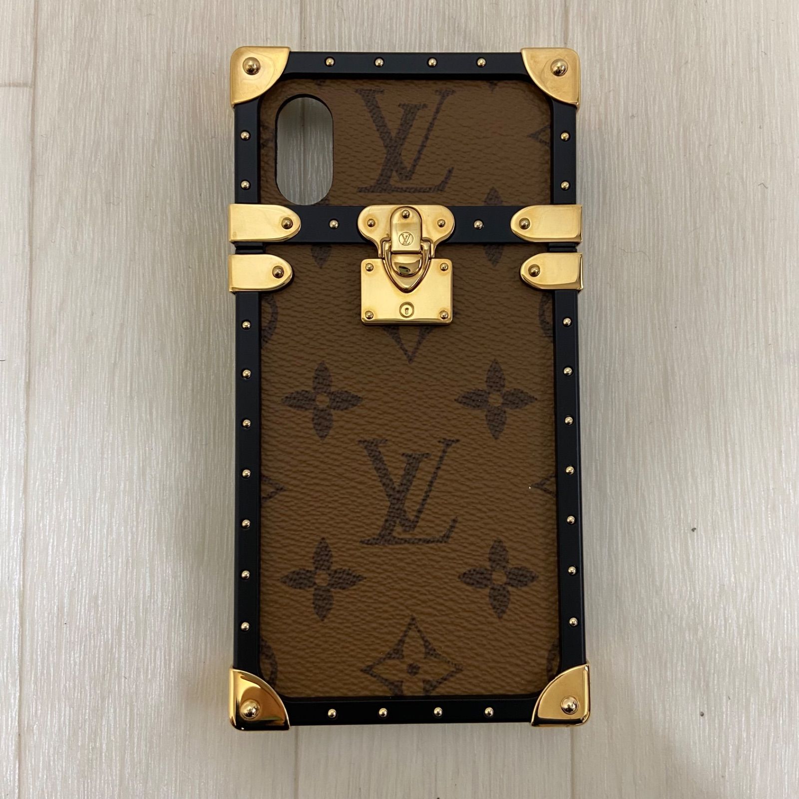 鑑定済み ルイ ヴィトン LOUIS VUITTON アイトランク ライトリバース iphone X XS ブラウン ブラック ゴールド金具