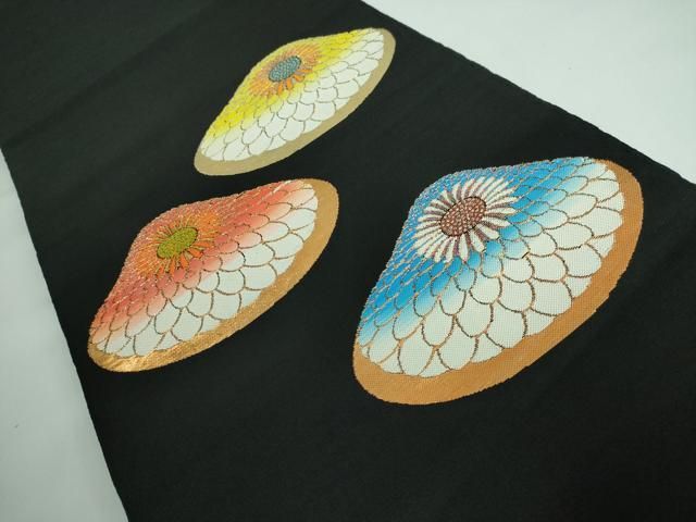 平和屋本店□最高級 龍村平蔵製 太鼓柄袋帯 追粉菊錦 黒地 金糸 逸品