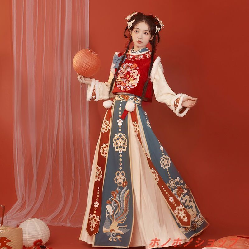 冬季バージョン 唐風刺繍入り 拝年服 フェイクファー付き改良版漢服セット 暖かい おしゃれ 新年イベント用 プレゼントにも最適