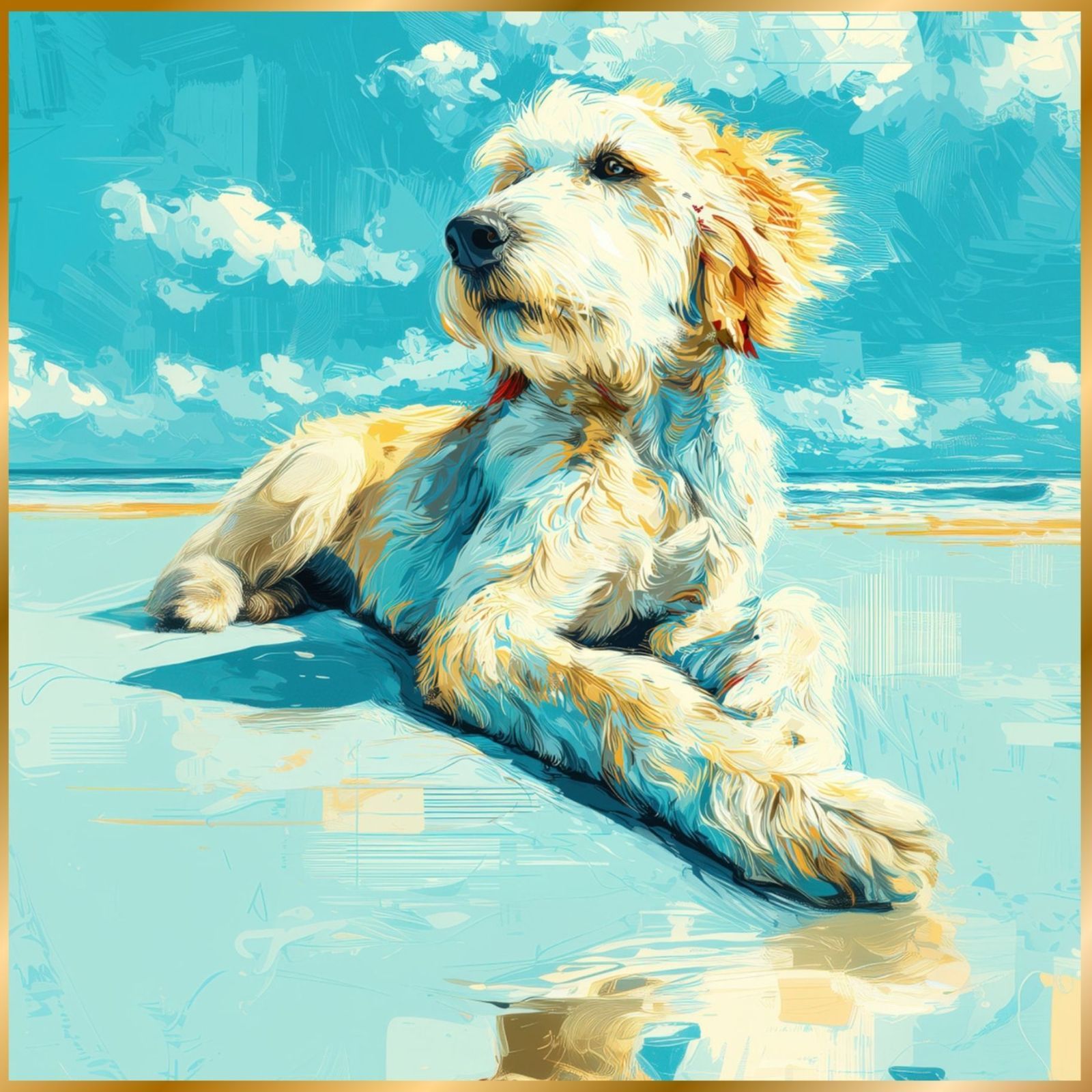 ゴールデンドゥードル犬とビーチのスケッチ No.1 海 犬の絵 犬のイラスト おしゃれ ミニマリスト ミニマリズム シンプル インテリアアート ペットロス うちの子 記念日 アートポスター ギフト プレゼント