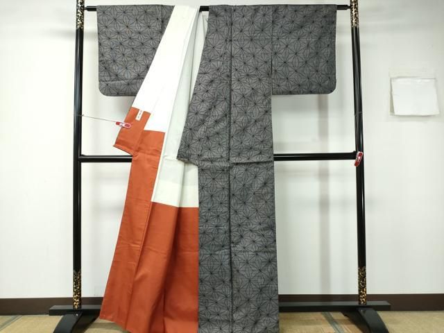 平和屋着物□本場大島紬 9マルキ 泥染め 麻の葉文様 正絹 逸品  