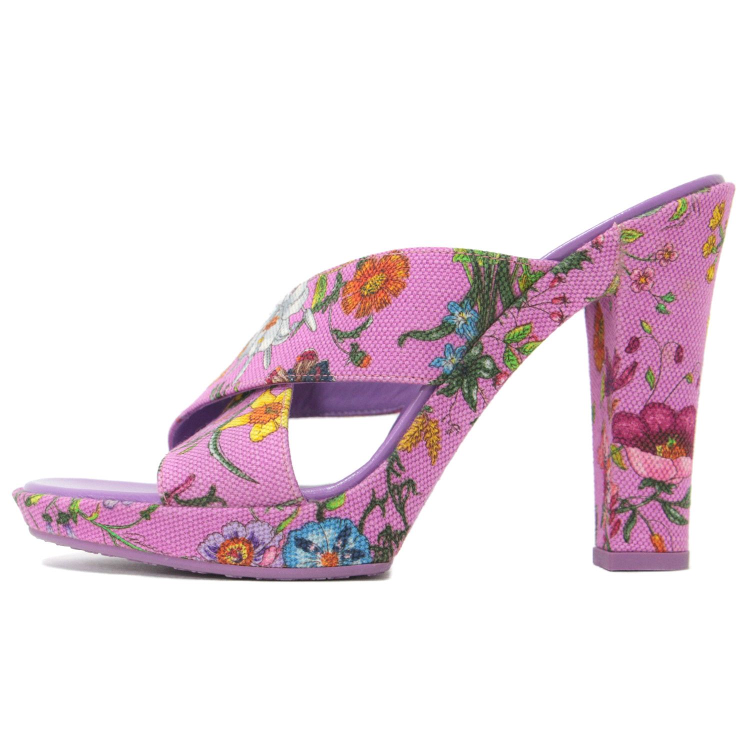 GUCCI パープル ミュール レザー Gucci Victoire Fucsia Velvet Double GG Logo Block Mid Heel