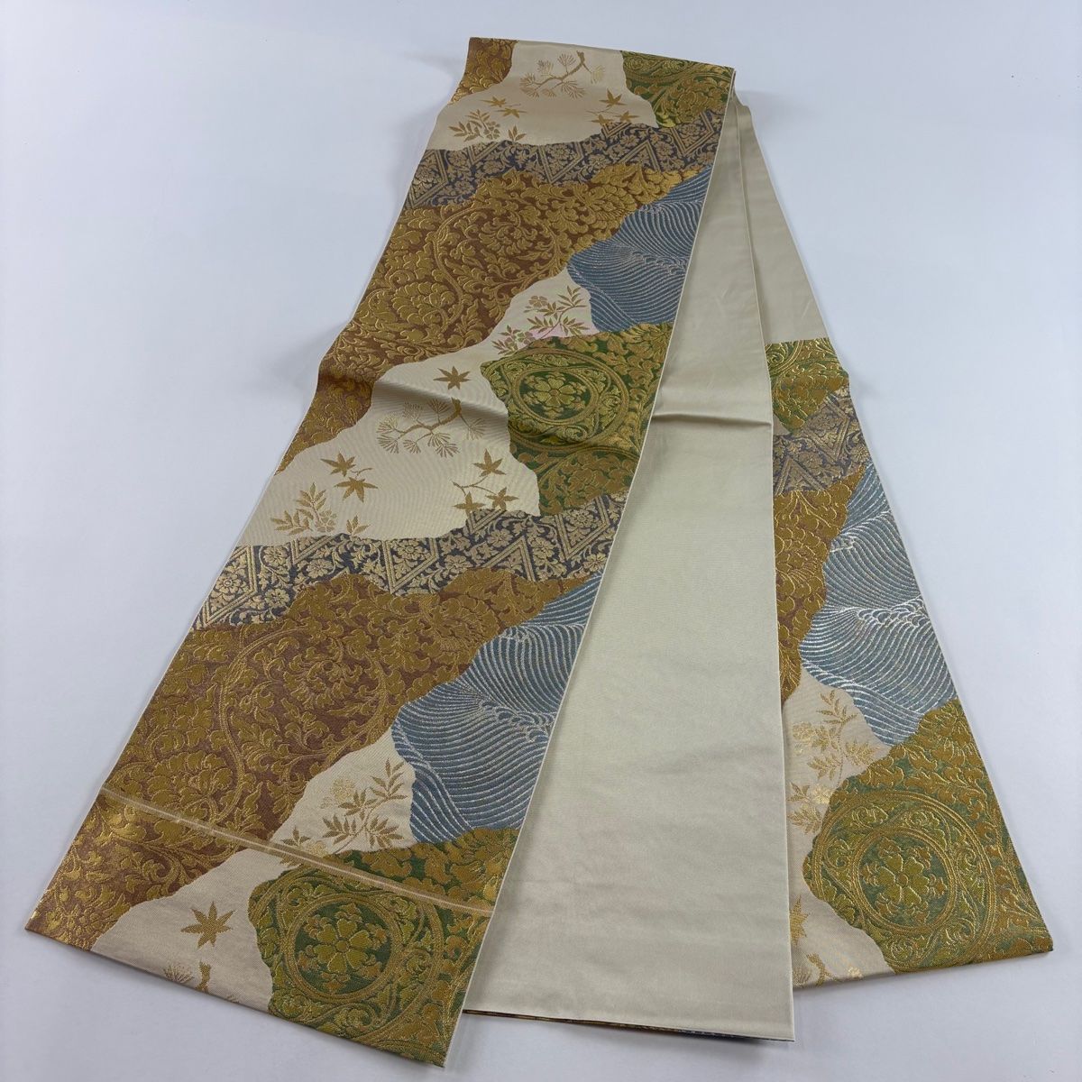 407my12◇川島織物 宝相華 丸文 唐草 金糸 六通 本袋帯◇美品 袋帯 美品 名品 川島織物 落款 華文 花唐草 金糸 箔 ベージュ 六