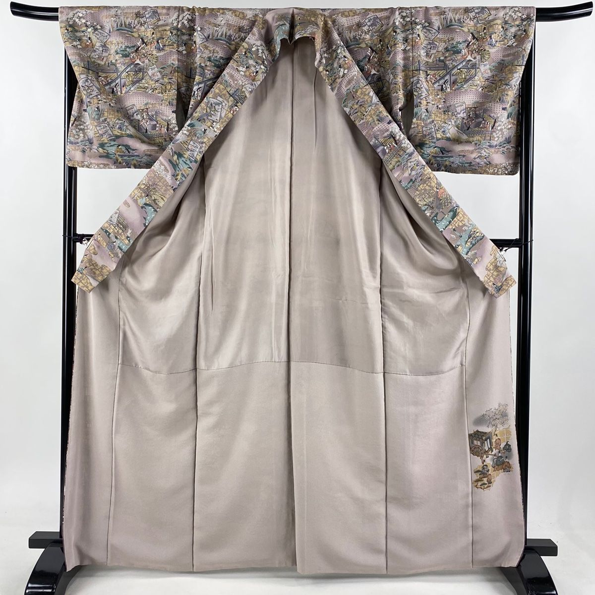 訪問着 身丈166.5cm 裄丈67cm M 袷 カルタ 人物 刺繍 金彩 灰紫 正絹  