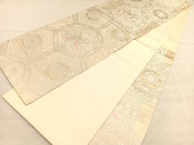平和屋着物◎六通柄袋帯 唐織 向かい鳥亀甲花文 銀糸 正絹 逸品