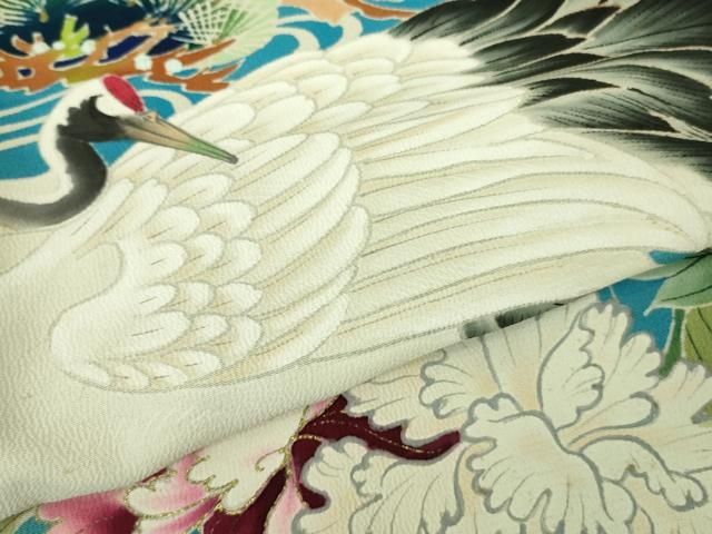 平和屋本店□極上 アンティーク 大正ロマン 振袖 飛鶴吉祥花文 黒地