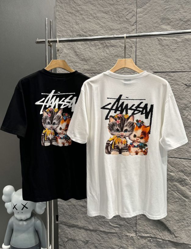 stussyストゥージー新作3d猫漫画柄プリントアルファベットロゴカップルラウンドネック半袖Tシャツ