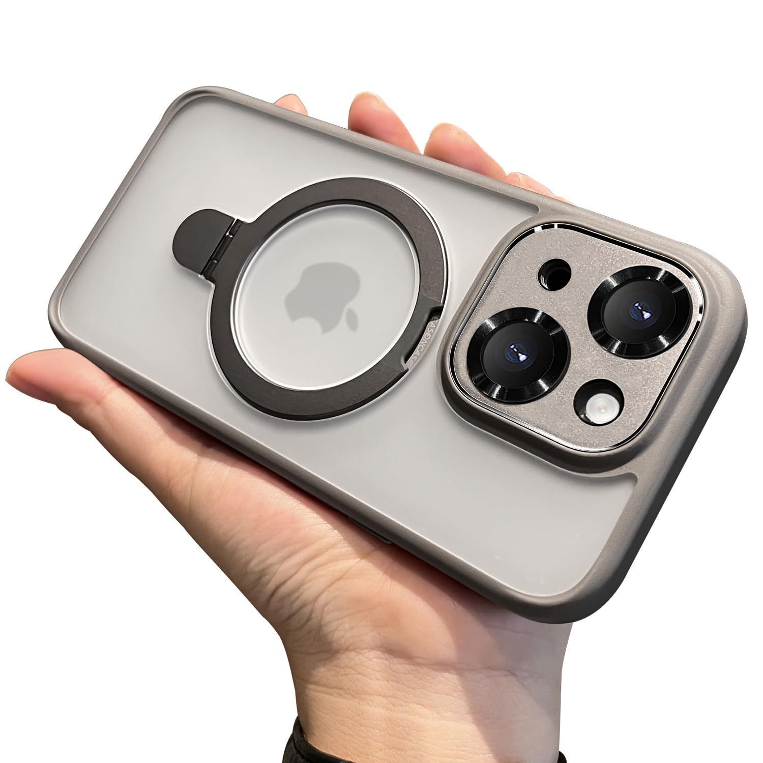 【人気商品】可愛い 指紋防止 クールメタルカメラカバー一体型 アイフォン15ケース ワイヤレス充電対応 絹の滑らかな触り シリコン耐衝撃 薄型 マグネットスタンド付き MagSafe対応 グレー 