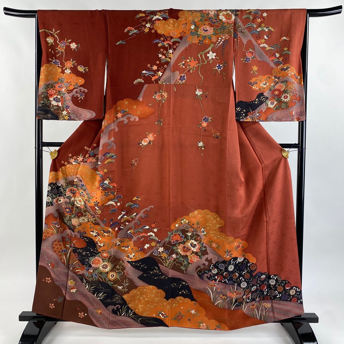 訪問着 身丈161cm 裄丈65.5cm M 袷 ますいわ屋 松竹梅 牡丹 金彩 染分け 赤茶 正絹 名品