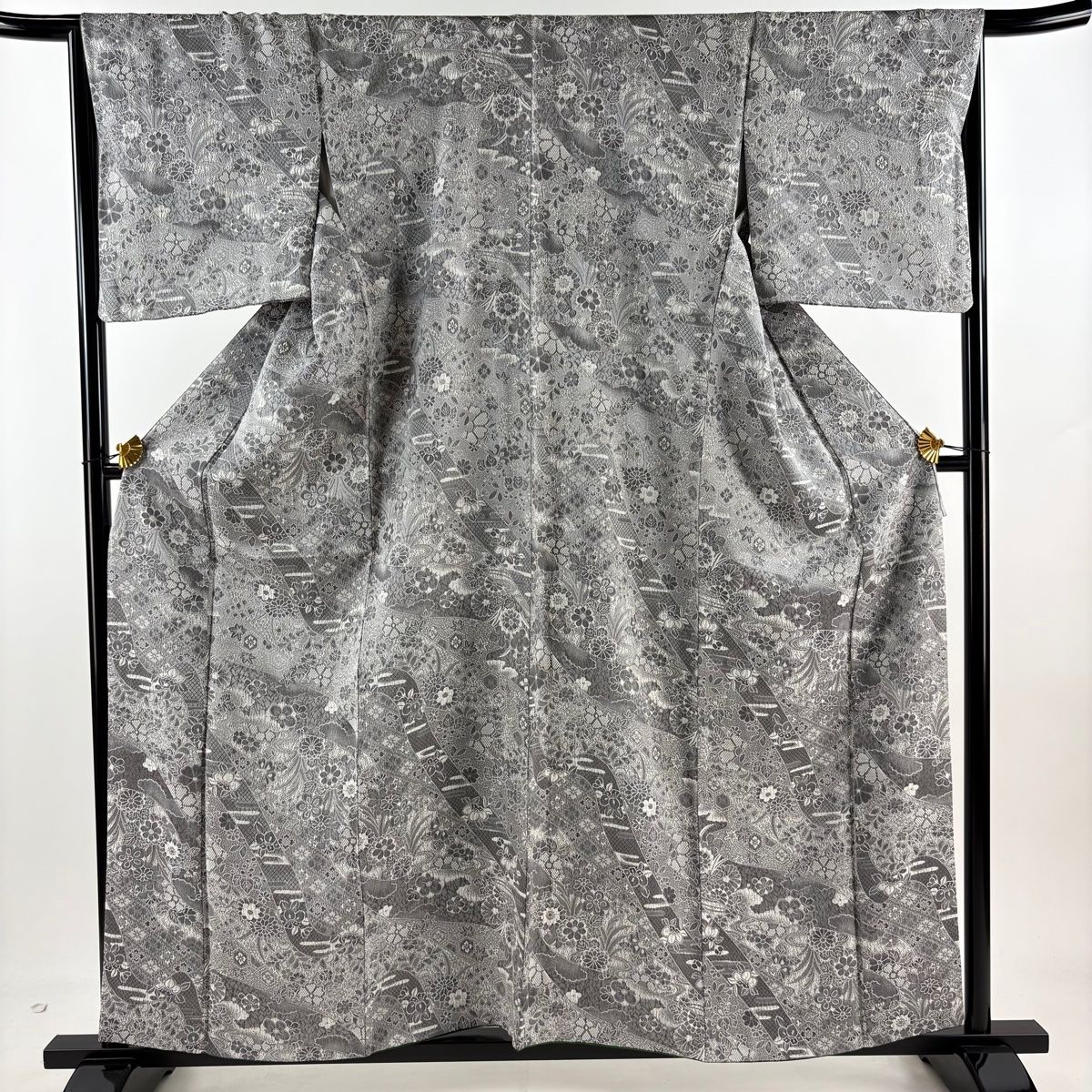 小紋 身丈159cm 裄丈66.5cm M 袷 梅 桐 紋意匠 灰色 正絹 名品
