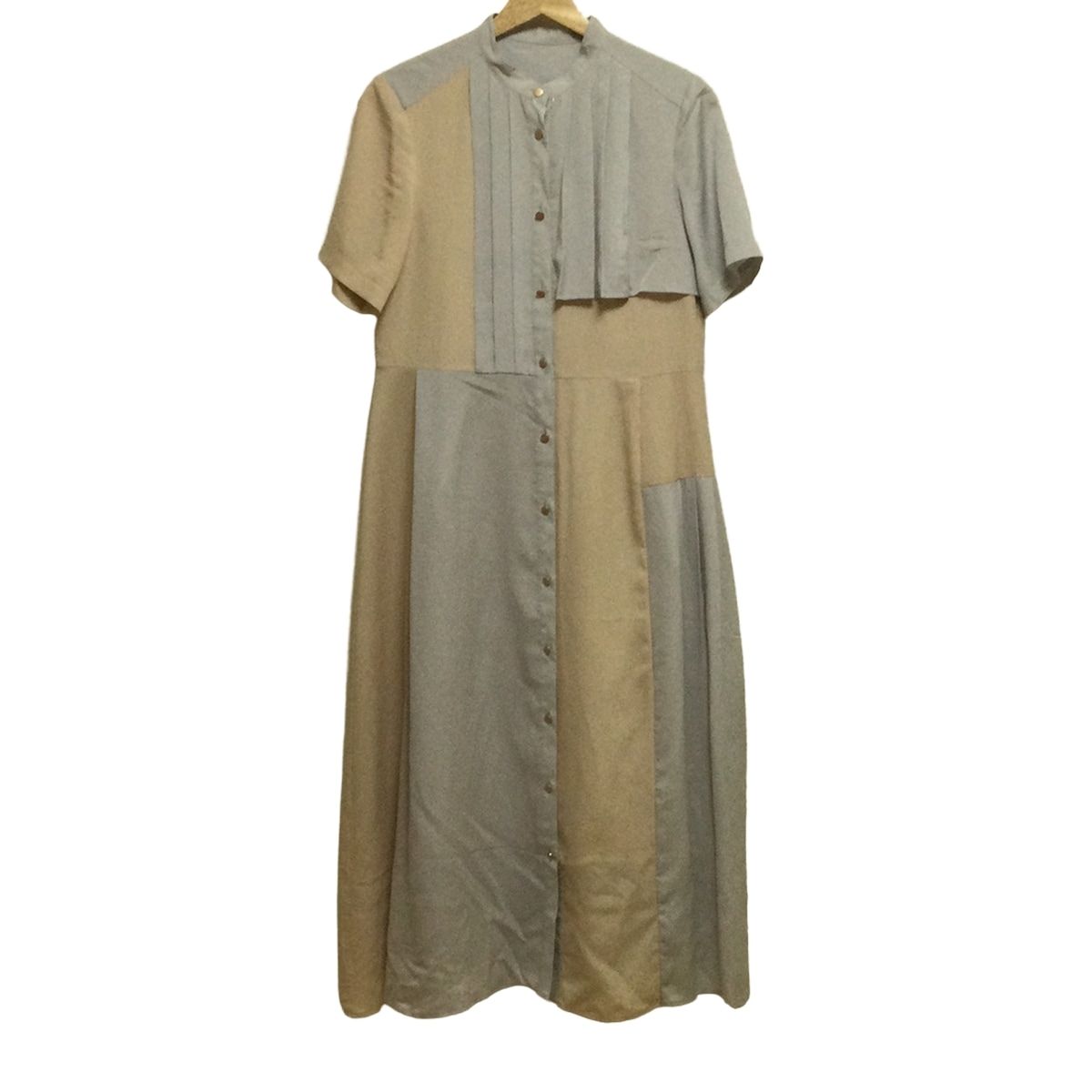 ダイアグラム ワンピース サイズ38 M レディース - ベージュ×グレー 半袖 ロング フリル プリーツ シャツワンピ