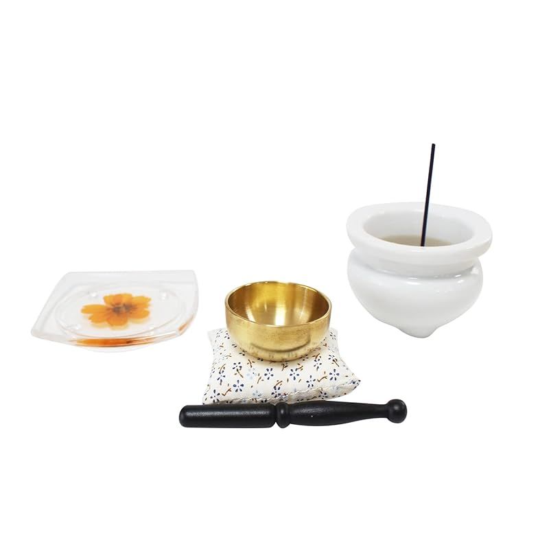 仏具 季節の供物皿 押し花 12ヶ月 花言葉 おりん 香炉 ミニ仏具セット 7月キバナコスモス 1