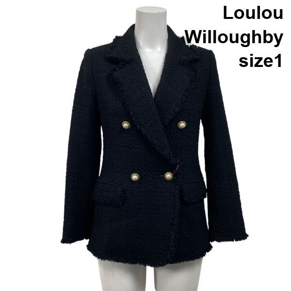 ルルウィルビー ダブルツイードジャケット 長袖 フリンジデザイン 黒　Sサイズ ◇ ルルウィルビー Loulou Willoughby ダブルツイードジャケット 長袖