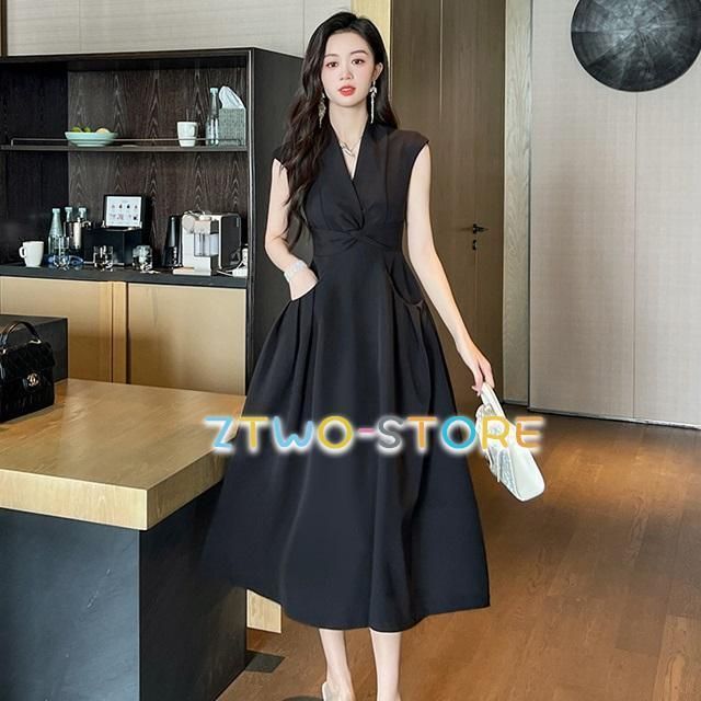 ノースリーブ ワンピース 黒 大きいサイズ レディース ワンピース きれいめ 膝丈 ワンピース ミモレ丈 シンプル Vネック カシュク