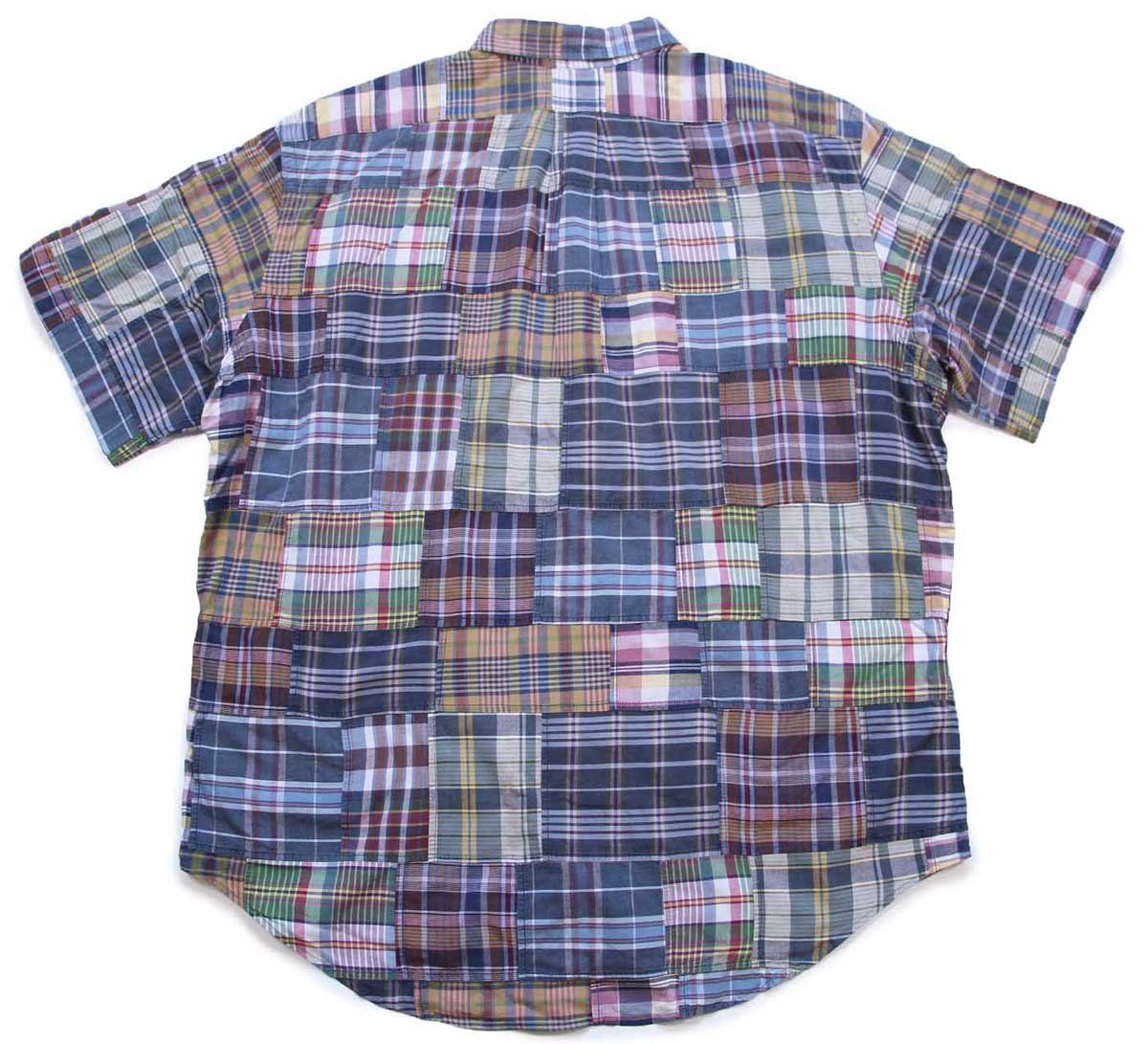 00s ラルフローレン CLASSIC FIT マドラスチェック パッチワーク ボタンダウン 半袖 コットンシャツ XL インド綿 オールド ロゴ刺繍
