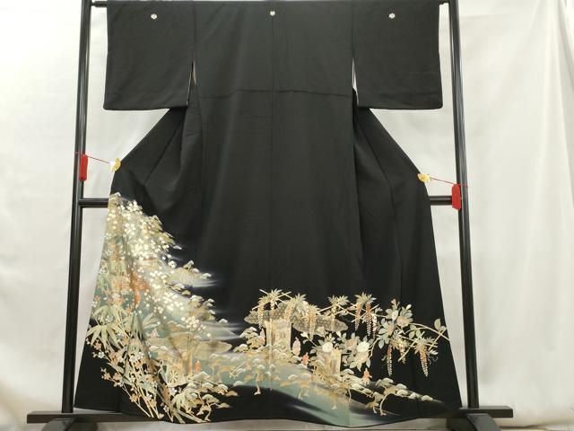 平和屋着物□豪華黒留袖 御所車人物風景吉祥花松文 暈し染め