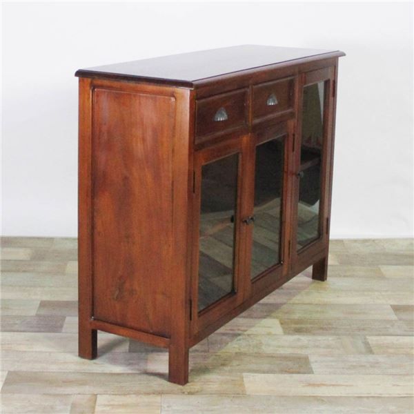 木製 ローガラスキャビネット サイドボード 幅110cm×奥行38cm×高さ85cm マホガニー材 引き出し付 真鍮製取っ手 完成品 代引不可 MARWIL-DEMENAGEMENTS_CH