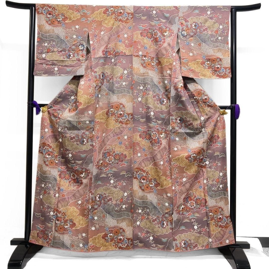 小紋　唐花　金彩　花模様　ベージュ　着物　124a d 小紋 金彩 霞取り 花模様 唐花 鹿の子 着物 092a p - メルカリ